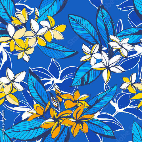 Vector illustration Tropical floral summer seamless pattern plumeria flowers palm leaves. Ink splatter grunge style. Texture, floral design, tropical background, summer time, summer beach party print