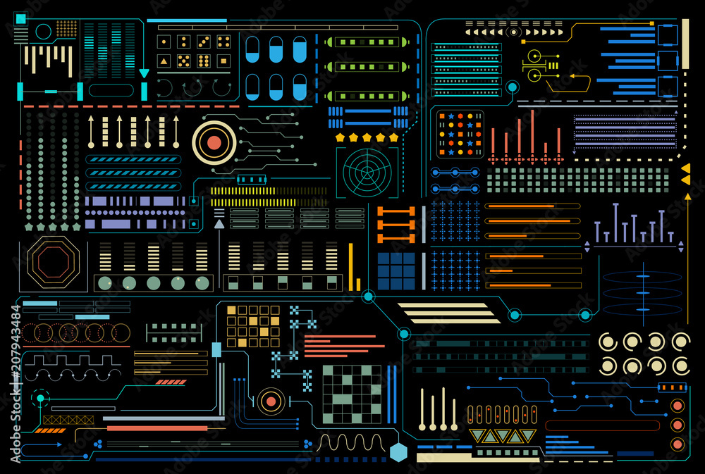 HUD Futuristic Elements Pattern Background Design Vector. Colorful ...