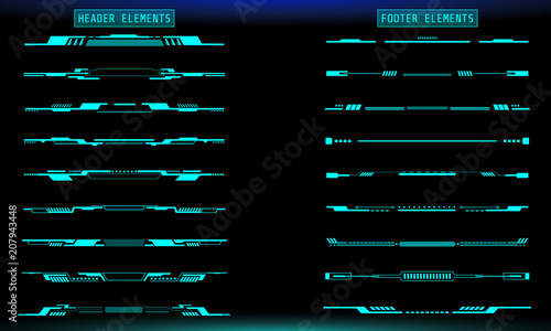 HUD Futuristic Header And Footer Elements Set For UI Inforgraphic Vector. Green Abstract Future Cyber Hologram Bar Shape Illustration.