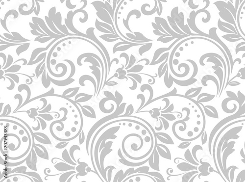 Wallpaper in the style of Baroque. A seamless vector background. Gray and white texture. Floral ornament. Graphic vector pattern