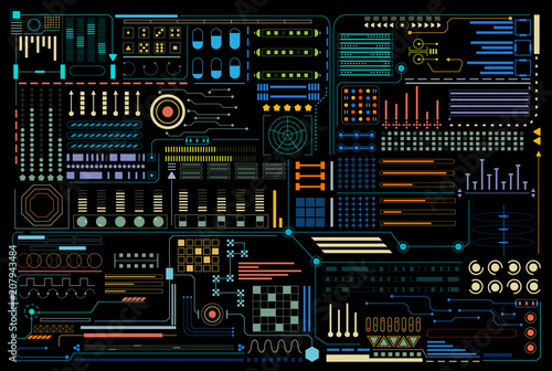 HUD Futuristic Elements Pattern Background Design Vector. Colorful Abstract UI Monitor Control Template Illustration