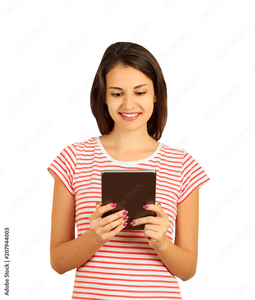 Happy smiling girl in red shirt using tablet. Smiling woman with tablet pc. emotional girl isolated on white background