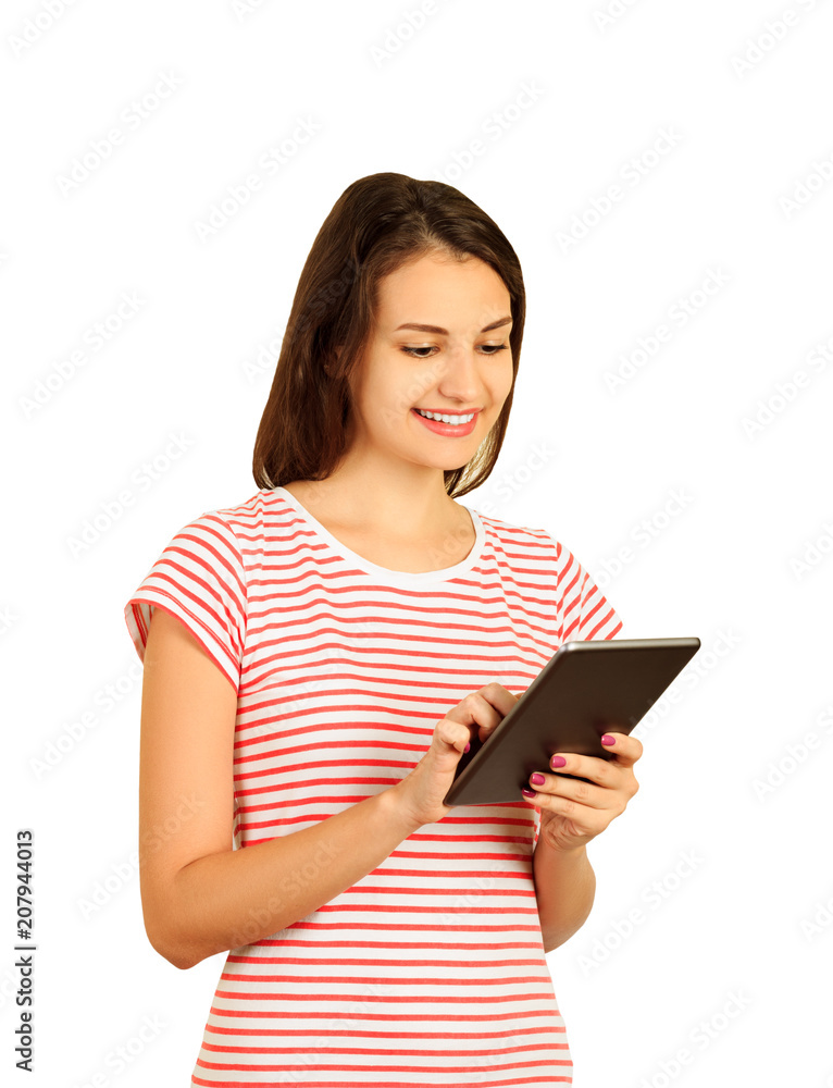 Tablet computer. Smiling Woman using digital tablet. emotional girl isolated on white background Tablet computer. Smiling Woman using digital tablet. emotional girl isolated on white background