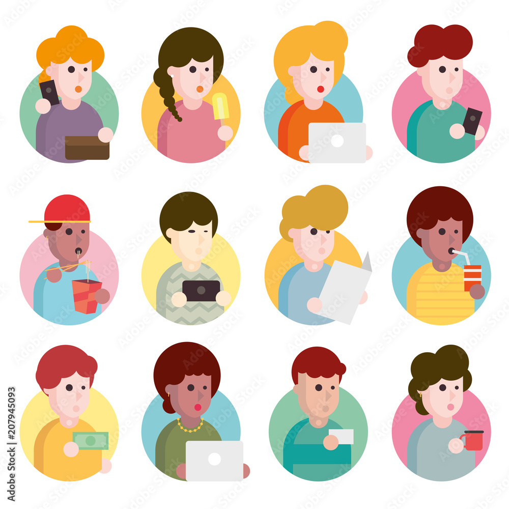 Collection of flat design illustrations. Set of portraits of avatars of cute men and women of different age isolated on a white background Collection of flat design illustrations. Set of portraits of avatars of cute men and women of different age isolated on a white background