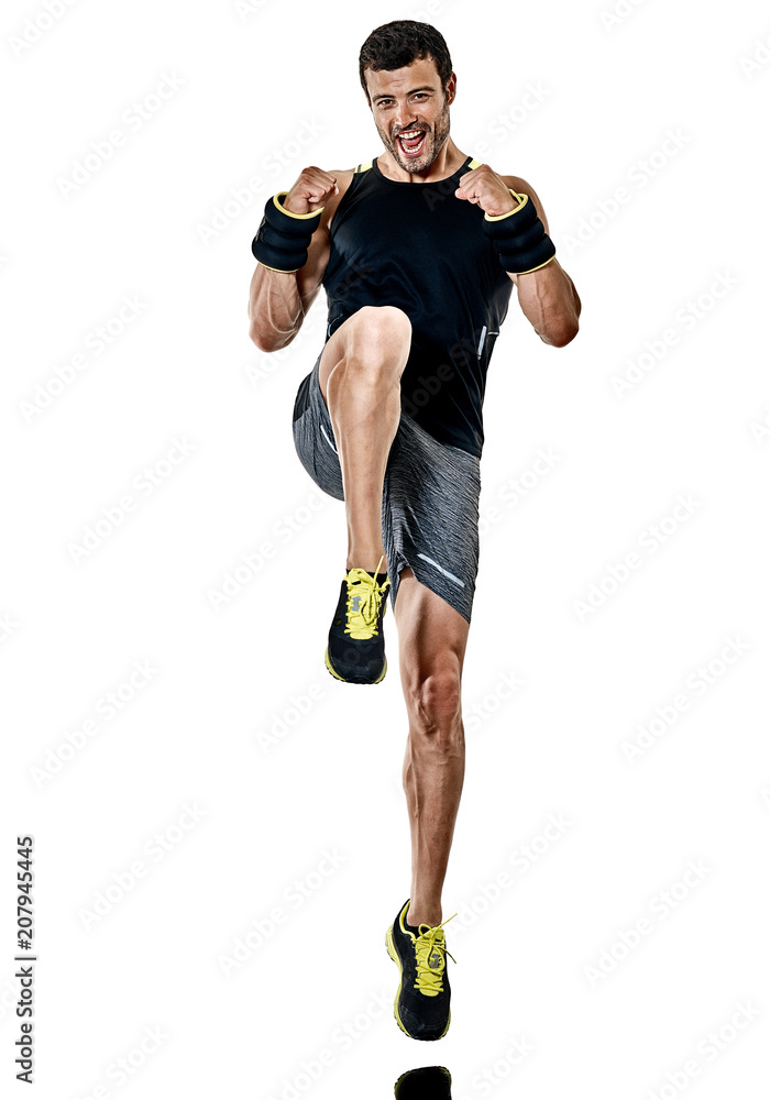 one caucasian fitness man exercising cardio boxing exercises in studio isolated on white background one caucasian fitness man exercising cardio boxing exercises in studio isolated on white background