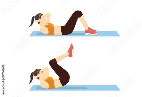 Exercise Step with Reverse Crunch by healthy woman. Illustration about correct moves for abdominal workout.