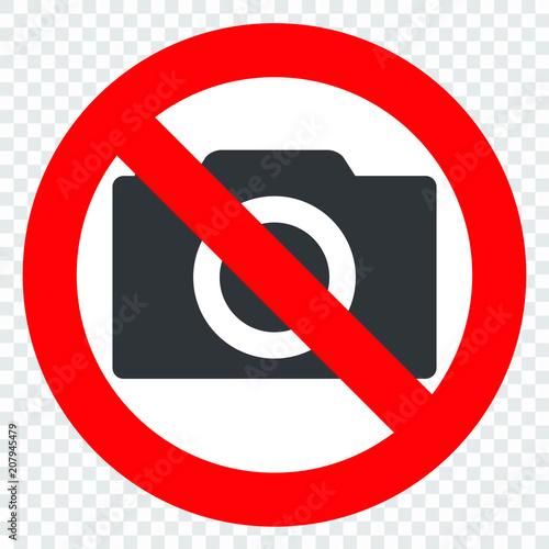 No cameras allowed sign. Red prohibition no camera sign. No taking pictures, no photographs sign.