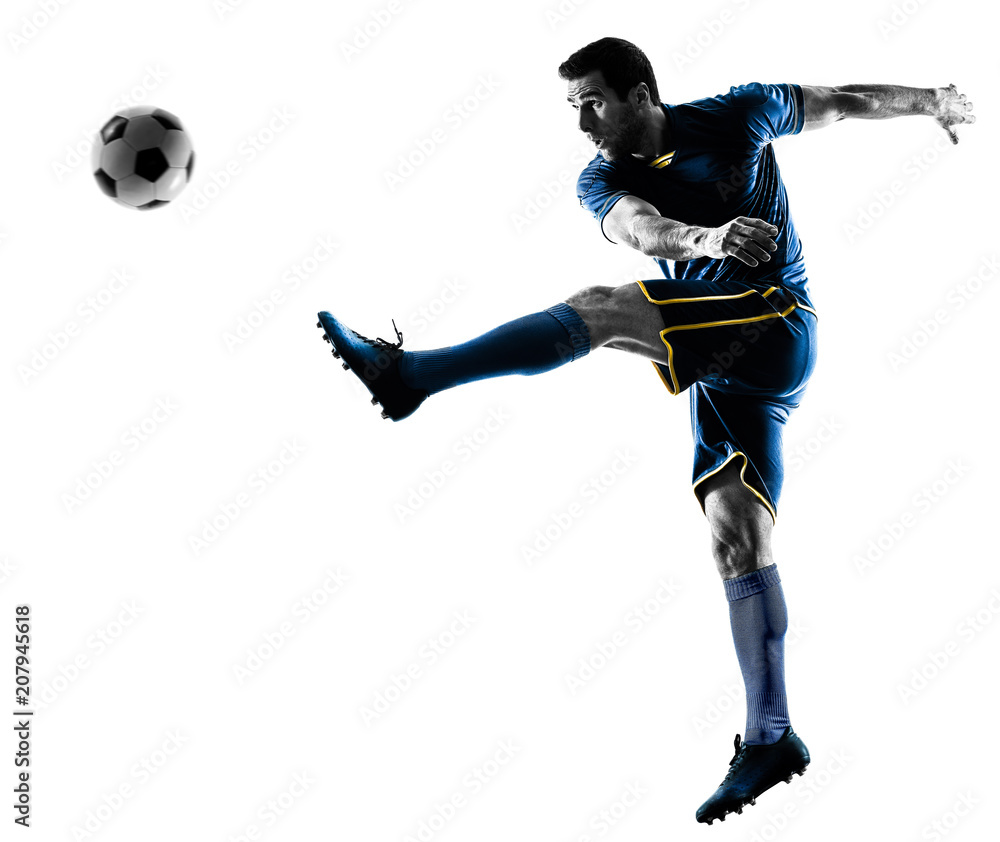 Obraz premium one caucasian soccer player man playing kicking in silhouette isolated on white background