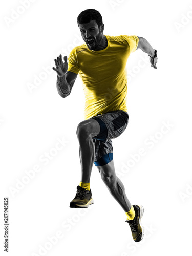 Fototapeta Naklejka Na Ścianę i Meble -  one caucasian man runner running jogging jogger silhouette isolated on white background