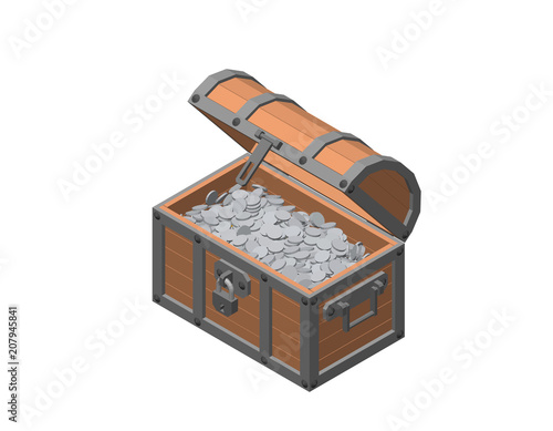 Wooden chest with silver coins. Isolated on white background.