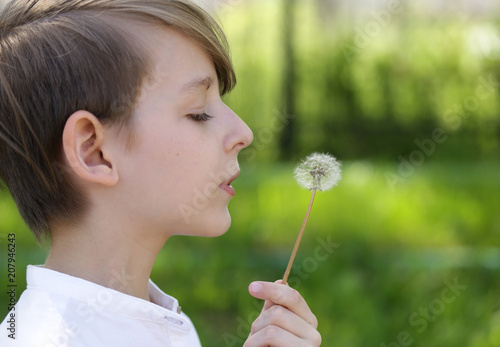 portrait of a blond boy outdoors blowing a dandelion on a summer day