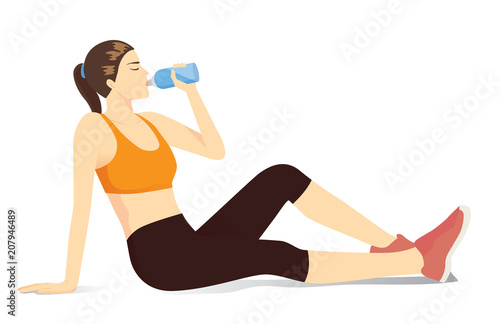 Sport woman sitting on the floor and drinking water from bottle. Illustration about benefit of water and exercide.