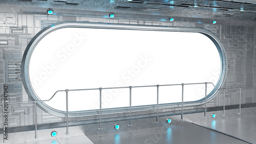 Fototapeta Naklejka Na Ścianę i Meble -  White tech spaceship round window interior background 3D rendering