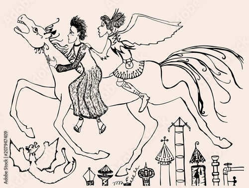 Mythological riders gallop over the city