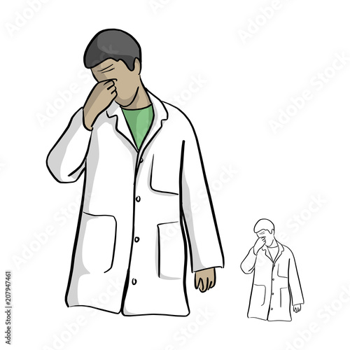 serious doctor touching his nose vector illustration sketch doodle hand drawn with black lines isolated on white background