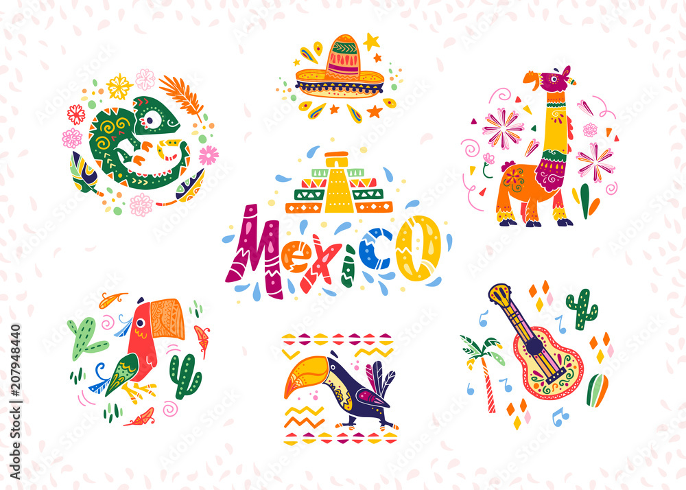 Vector set of hand drawn decorative arrangements with traditional Mexican symbols and elements - Mexico lettering, decor, sombrero, guitar, cactus, llama, parrot,  etc. isolated on white background.