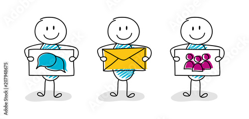 Funny stickman showing icon on a board - business concept. Vector.