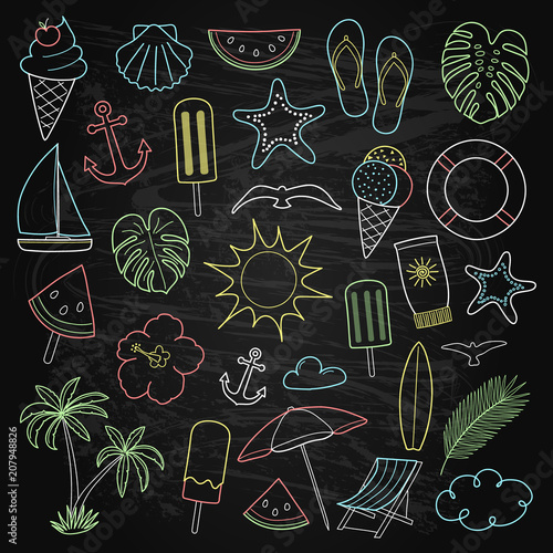 Summer icons - blackboard with sketchy elements. Vector.