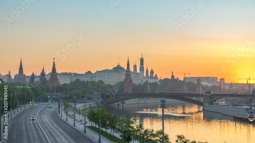 Moscow city skyline sunrise timelapse at Kremlin Palace Red Square and Moscow River, Moscow Russia 4K Time Lapse