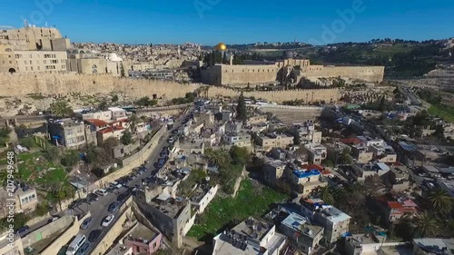 Aerial Fly Jerusalem Alleys Villages And Old City To Temple Mount Western Wall photo