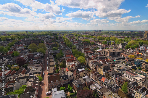 Utrecht, Netherlands- 02 MAY, 2018: Arial view from the top of the tower of the St. Martins Cathedral at sunny day. Beautiful view of historic center of Utrecht