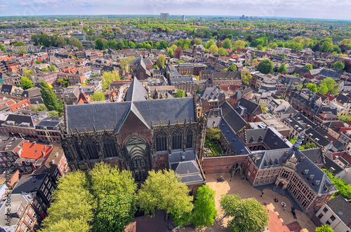 Arial view from the top of the tower of the St. Martins Cathedral at sunny day. Beautiful view of historic center of Utrecht with St. Martins Cathedral. Popular travel destination in the Netherlands