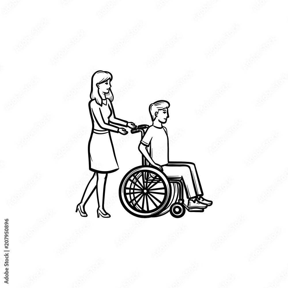 Disable person in wheelchair hand drawn outline doodle icon. Volunteer, nurse, caregiver concept vector sketch illustration for print, web, mobile and infographics isolated on white background. Disable person in wheelchair hand drawn outline doodle icon. Volunteer, nurse, caregiver concept vector sketch illustration for print, web, mobile and infographics isolated on white background.