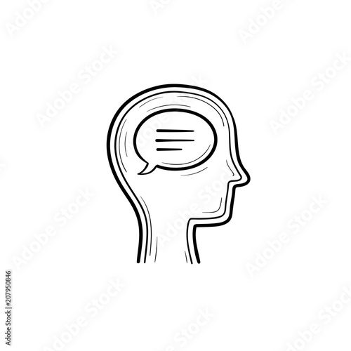 Think bubble in humans head hand drawn outline doodle icon. Humans mind and brain, inner monologue vector sketch illustration for print, web, mobile and infographics on white background.
