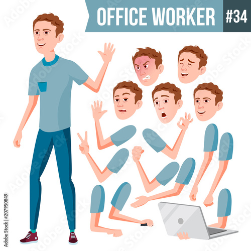 Office Worker Vector. Face Emotions, Various Gestures. Animation. Business Worker. Career. Professional Workman, Officer, Clerk. Flat Cartoon Illustration
