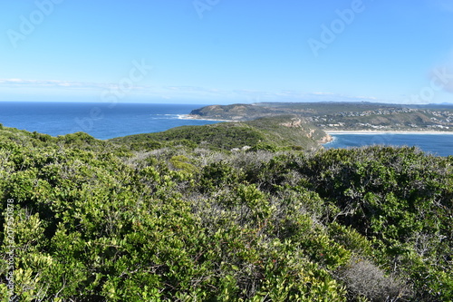 Wonderful landscape with the blue beach at the hiking trail at Robberg Nature Reserve in Plettenberg Bay, South Africa