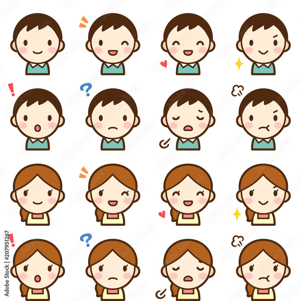 Isolated set of young married couple man & woman avatar expressions Isolated set of young married couple man & woman avatar expressions