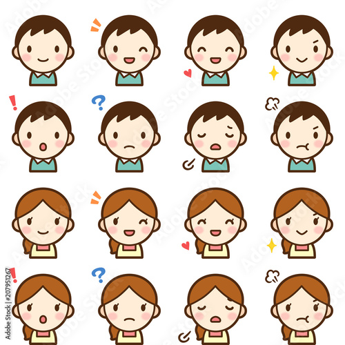 Isolated set of young married couple man & woman avatar expressions