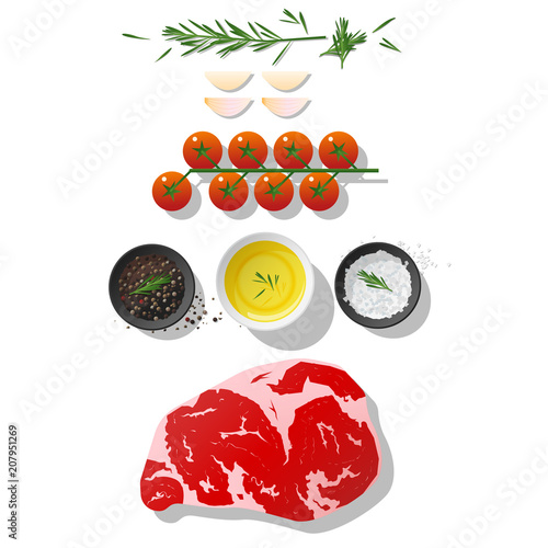 Raw prime beef steak and seasoning isolated on white background , food preparation top view , vector , illustration