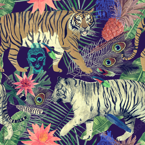 Seamless watercolor pattern with tigers, leaves, feathers,.