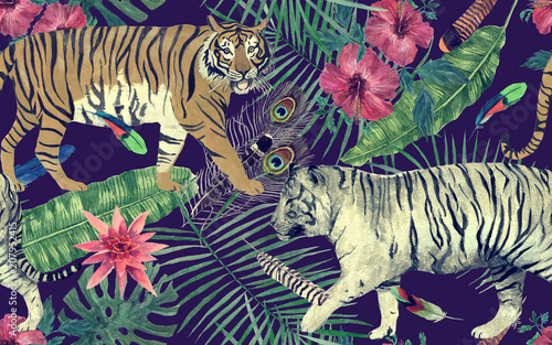 Seamless watercolor pattern with tigers, leaves, flowers.