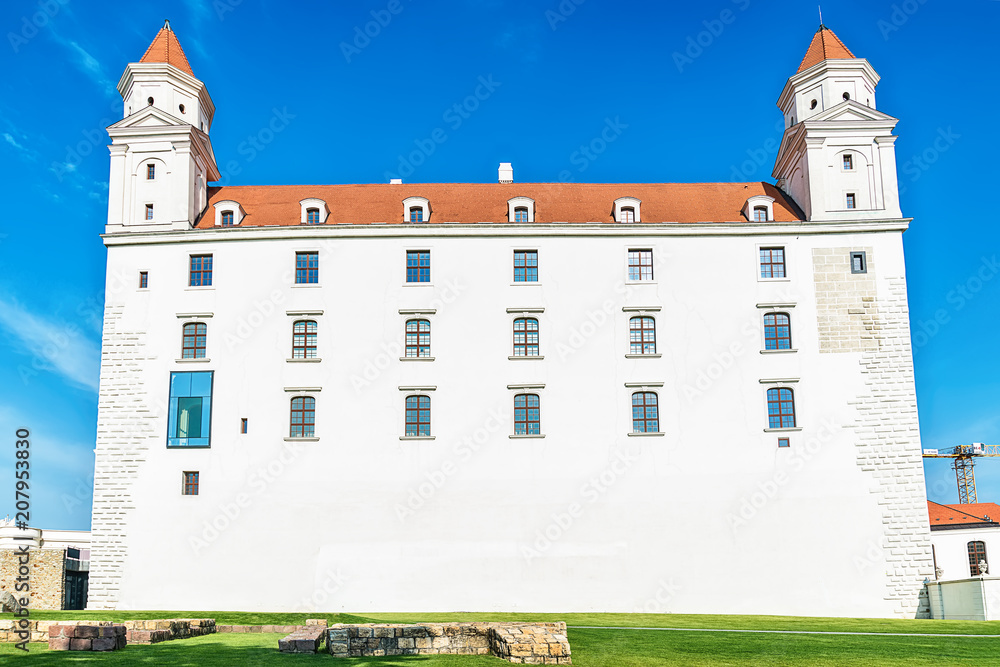 Naklejka premium Bratislava, Slovakia May 24, 2018: Bratislava castle. Bratislavsky Hrad close-up panorama with no people in sunny day. Exterior view of the castle in Bratislava.