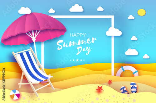 Pink parasol - umbrella in paper cut style. Pink Chaise lounge. Origami sea and beach. Sport ball game. Flipflops shoes. Lifesaver. Starfish. Vacation and travel concept.