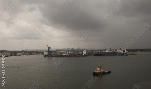 Cartagena Columbia the towboat sails from the container ship