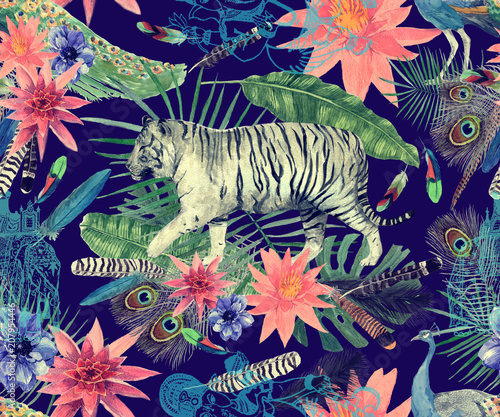 Seamless watercolor pattern with tigers, peacocks, leaves, flowers.