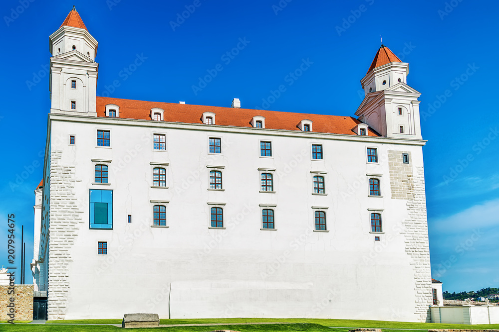 Naklejka premium Bratislava, Slovakia May 24, 2018: Bratislava castle. Bratislavsky Hrad close-up panorama with no people in sunny day. Exterior view of the castle in Bratislava.