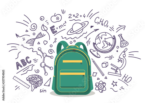 School backpack with school pen doodle background. Education, subjects, studying concept. Vector illustration.