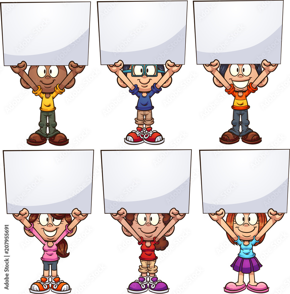 Cartoon kids holding white boards. Vector clip art illustration with