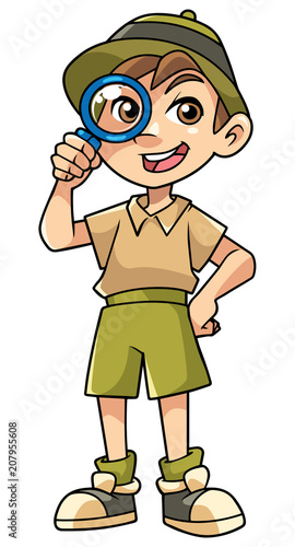 Cartoon illustration of happy little explorer with magnifier. 