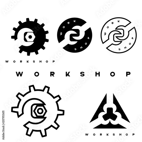 an illustration consisting of several images of a wrench, a pinion and a nut in the form of a symbol or logo
