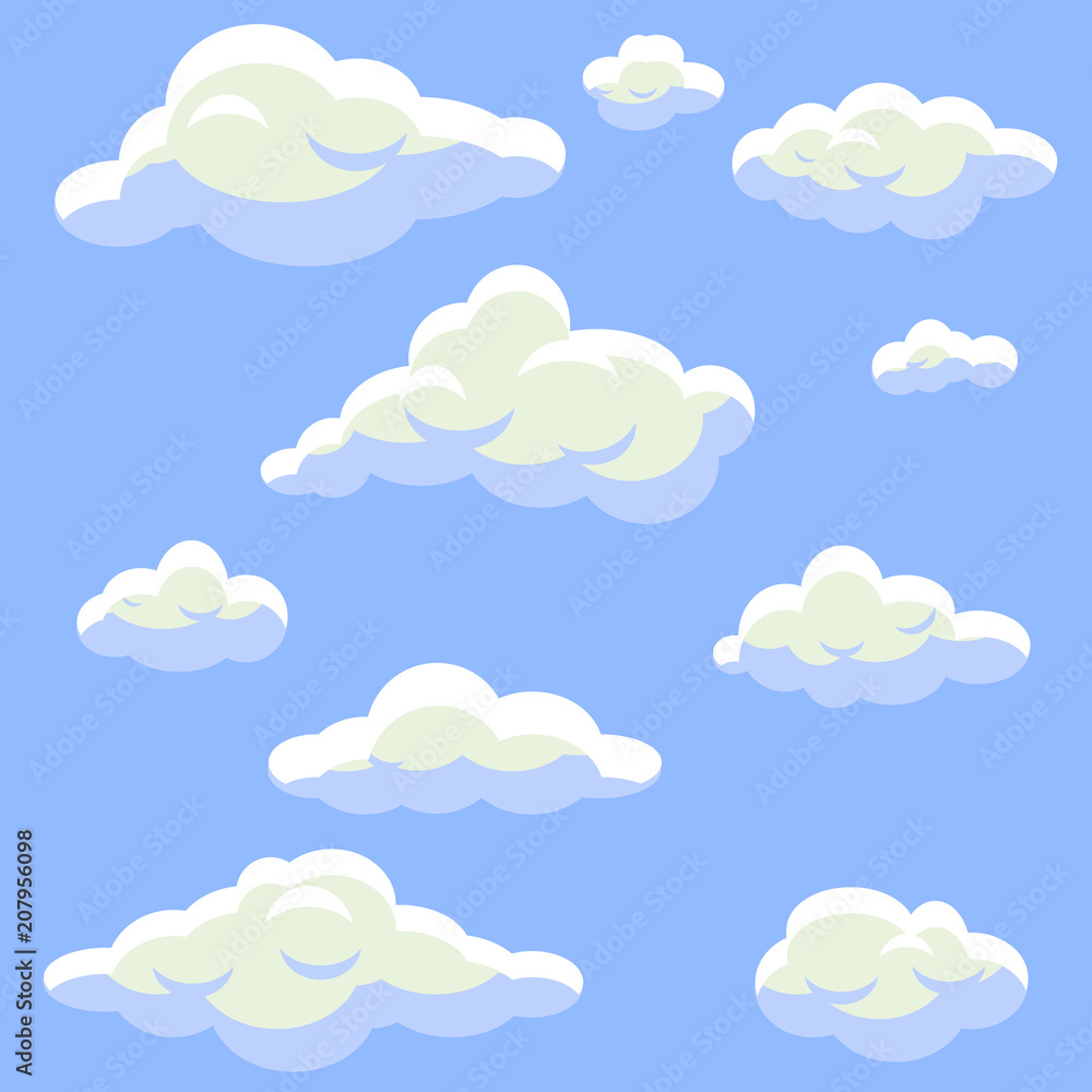 Cartoon clouds isolated on blue sky vector set. Fluffy clouds flat style. Cartoon clouds isolated on blue sky vector set. Fluffy clouds flat style.