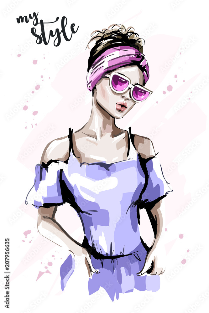 Hand drawn beautiful woman in headband. Fashion woman in sunglasses. Stylish lady portrait. Sketch. Hand drawn beautiful woman in headband. Fashion woman in sunglasses. Stylish lady portrait. Sketch.