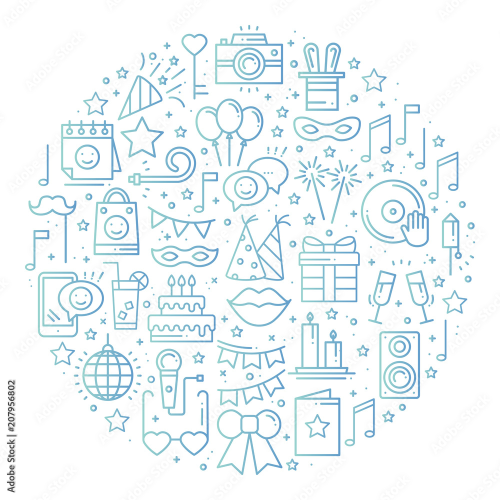 Circle with Party Symbols in Line Style. Basic Birthday Elements Concept Theme. Unique Party Round Print. Holidays event carnival festive. Mask Gifts Cake Cocktail Firework. Circle with Party Symbols in Line Style. Basic Birthday Elements Concept Theme. Unique Party Round Print. Holidays event carnival festive. Mask Gifts Cake Cocktail Firework.