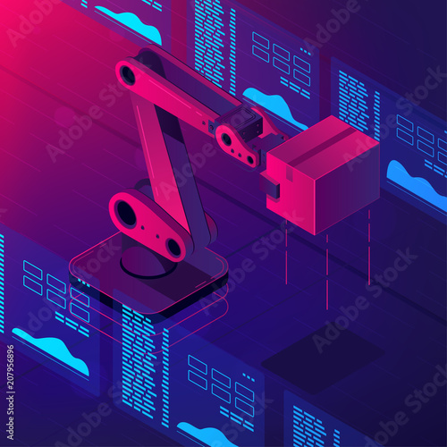 Isometric automated robot arm. Smart automated robotic arm holding box in a warehouse. Modern logistics center in vibrant gradient violet color. Vector 3d isometric illustration ultraviolet background
