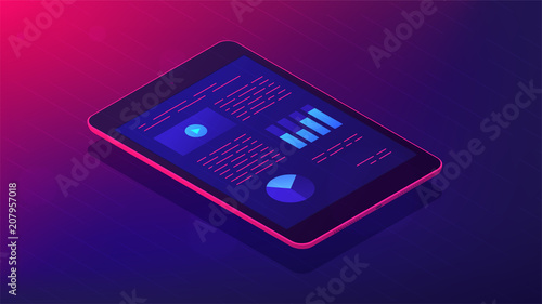 Isometric tablet with analysis infographic app on the screen. Appliacantion with charts and graphics analitycs data on the tablets screen. Fiancial app concept in violet. Vector ultraviolet background photo