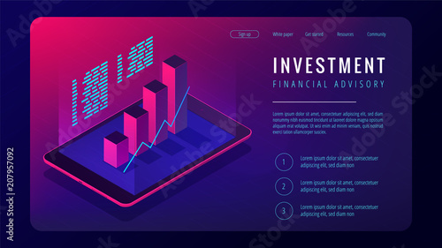 Isometric investment and financial advisory landing page concept. Tablet with 3d charts graphics of investment growth statistics on the screen in violet color. Vector ultraviolet background